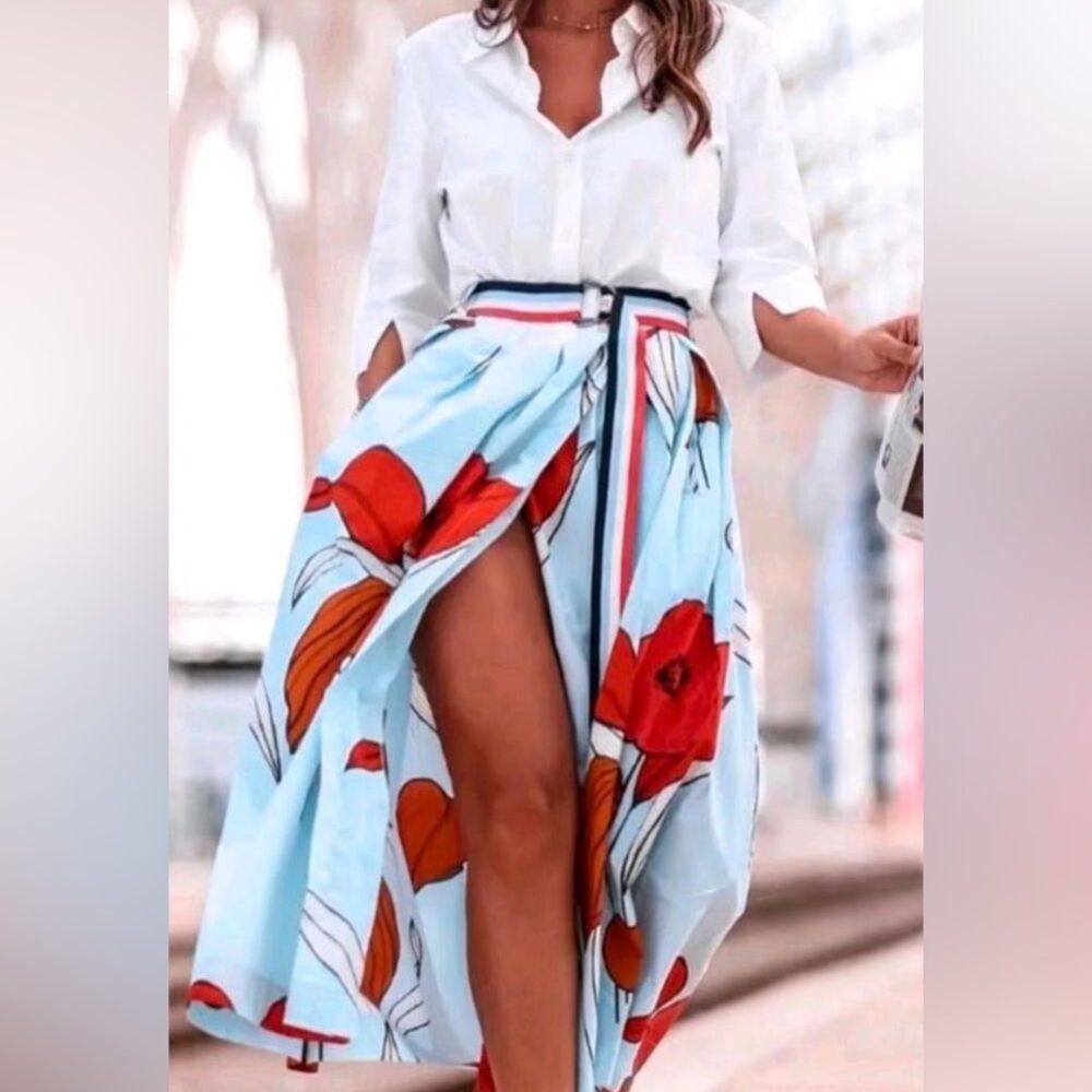 LUISA CERANO dress size 8. White button-down top,voluminous skirt, striped belt.